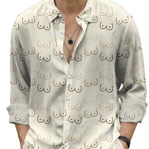 Men's Casual Shirt Fun Boobs Print Long Sleeve Print Shirt